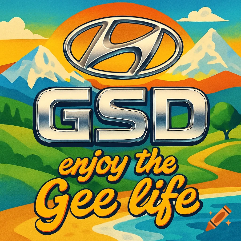 A vibrant logo with the Hyundai emblem above chrome text "GSD" and "enjoy the Gee life" set against a colorful landscape of mountains, green fields, and a beach with water.