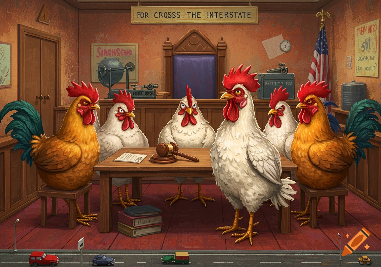 A golden rooster stands trial in a courtroom, interrogated by a jury of white chickens. A sign above reads 'FOR CROSSS THE INTERSTATE'.