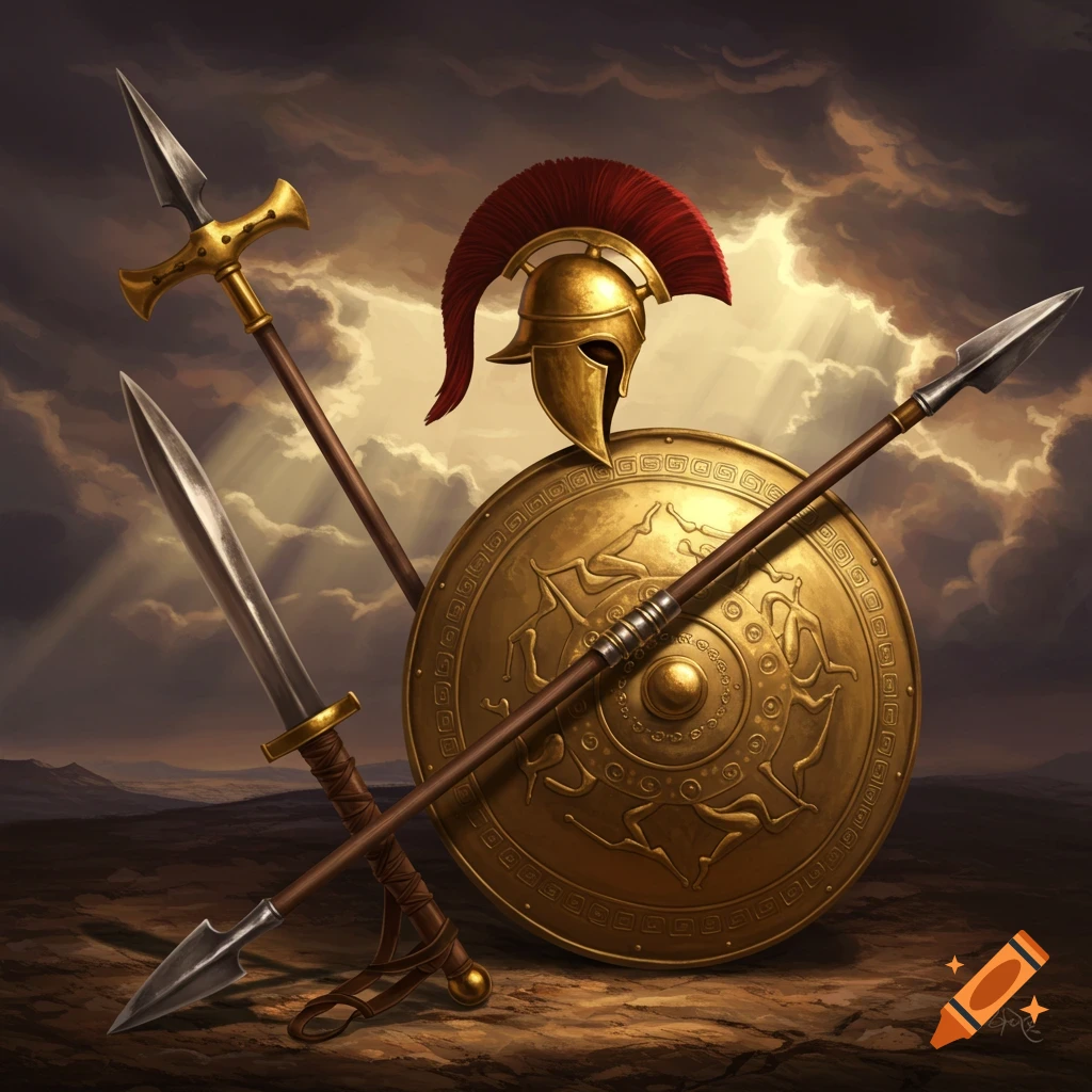 A golden Spartan helmet, shield, sword, and spears stand upright against a dramatic, cloudy sky with sun rays.