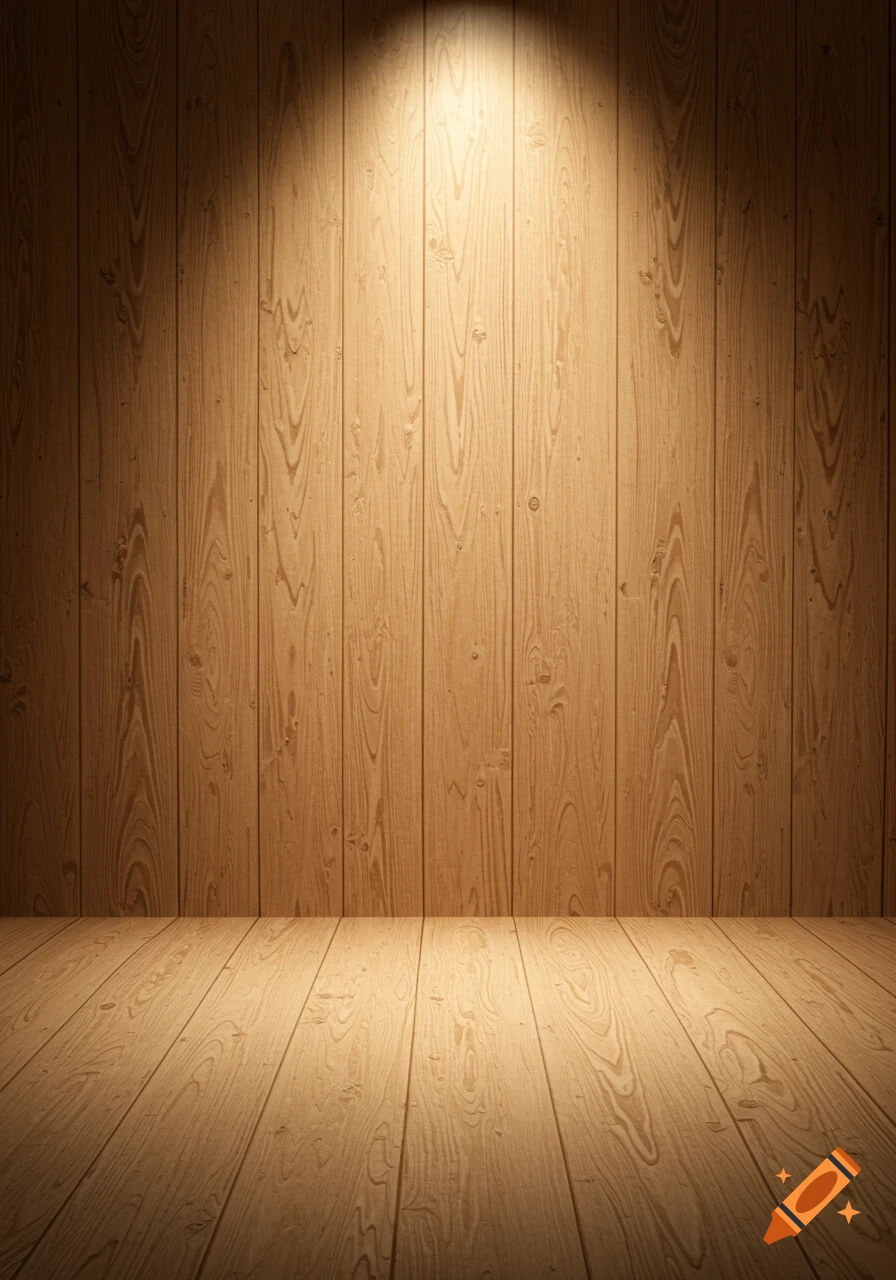 A wooden wall and floor lit by a spotlight, creating an empty rustic background.