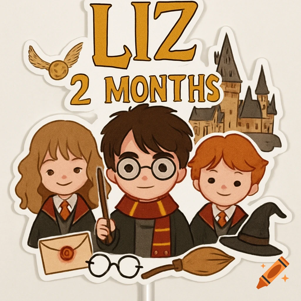 Cartoon Harry Potter cake topper with Hermione, Harry, Ron, Hogwarts castle, Golden Snitch, and 'LIZ 2 MONTHS' text.