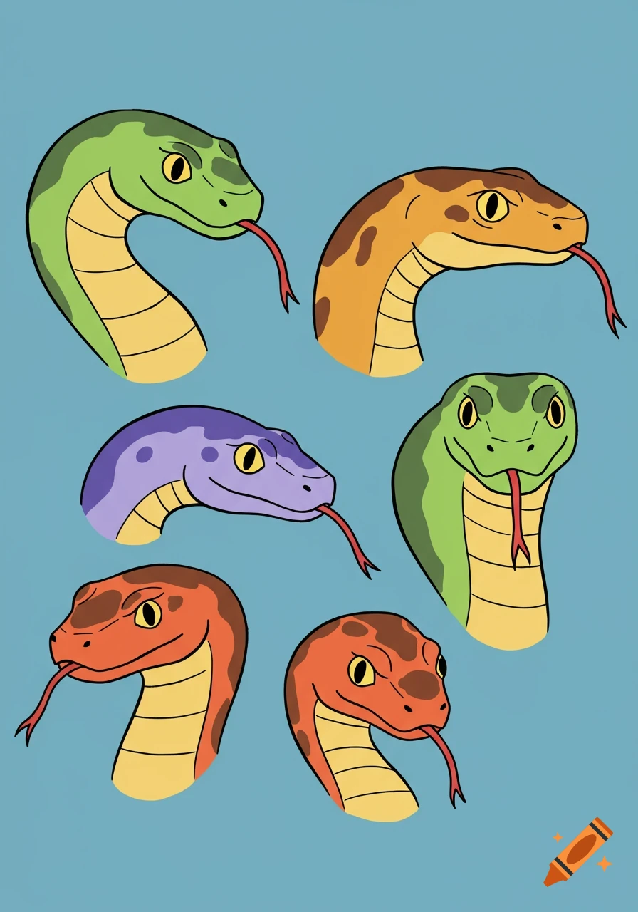 Six cartoon snake heads in various colors and poses on a blue background.