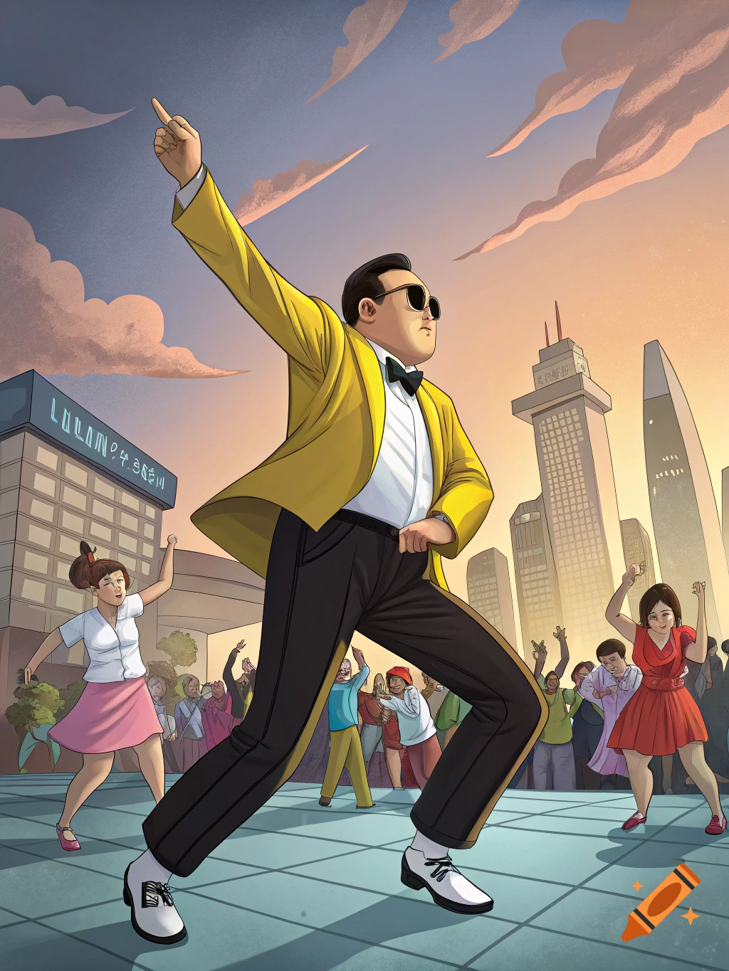Cartoon illustration of a man in a yellow jacket dancing in a city street with other people at sunset.