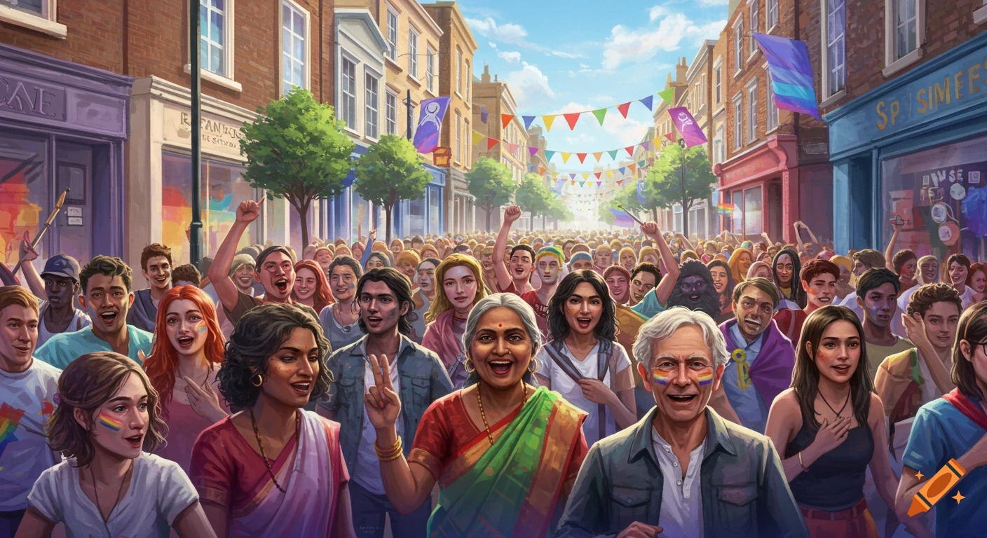 A diverse crowd celebrates a vibrant Pride parade on a sunny city street, adorned with colorful flags and bunting.