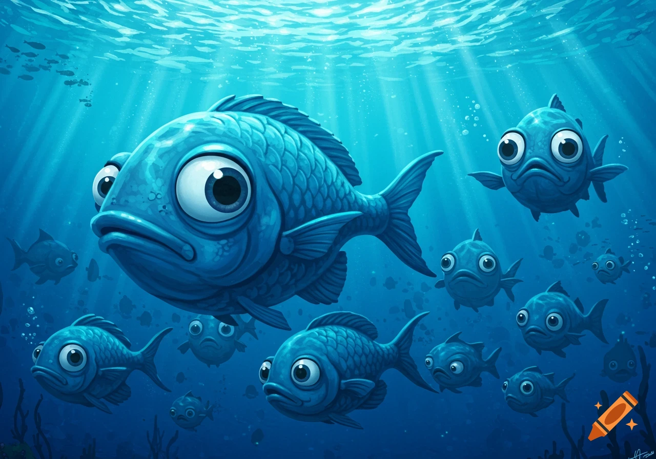 A large, wide-eyed blue cartoon fish swims underwater, surrounded by many smaller blue fish in an illustrative style.