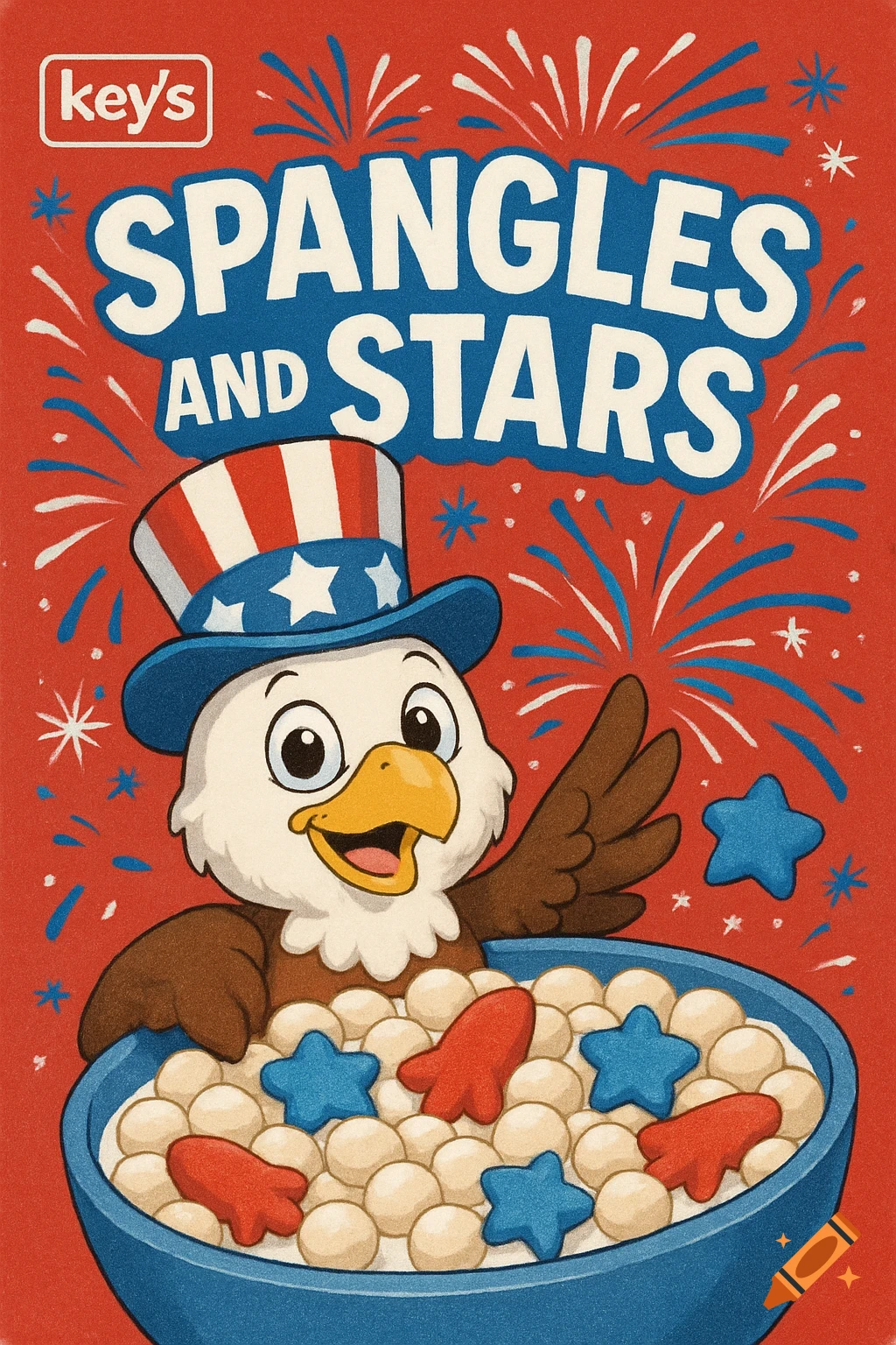 A cartoon cereal box for "SPANGLES AND STARS" cereal featuring a bald eagle in a patriotic hat and cereal with star and rocket marshmallows.