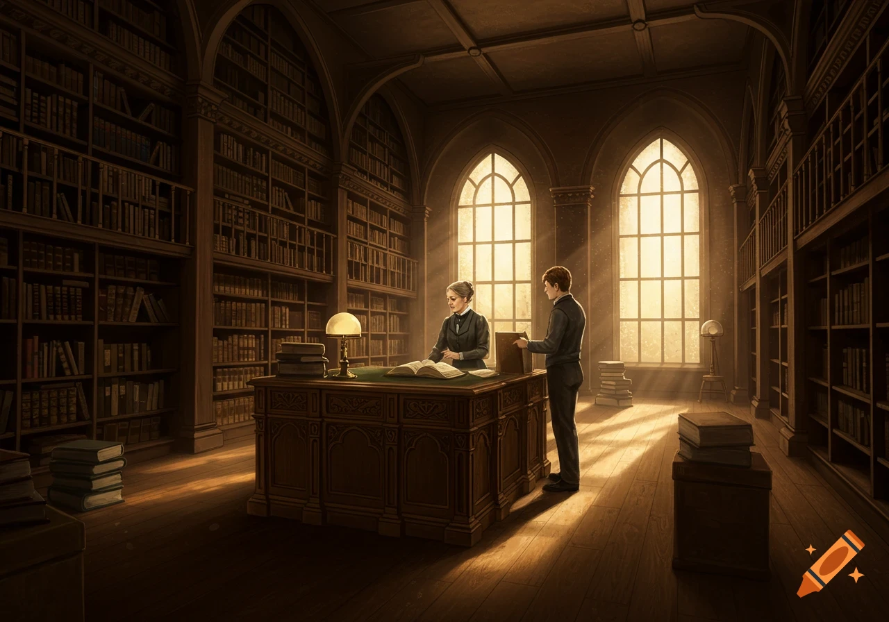 A large, ornate library from the past, illuminated by sunlight through arched windows. A woman reads at a grand wooden desk, a man stands nearby with a book. Bookshelves line walls.