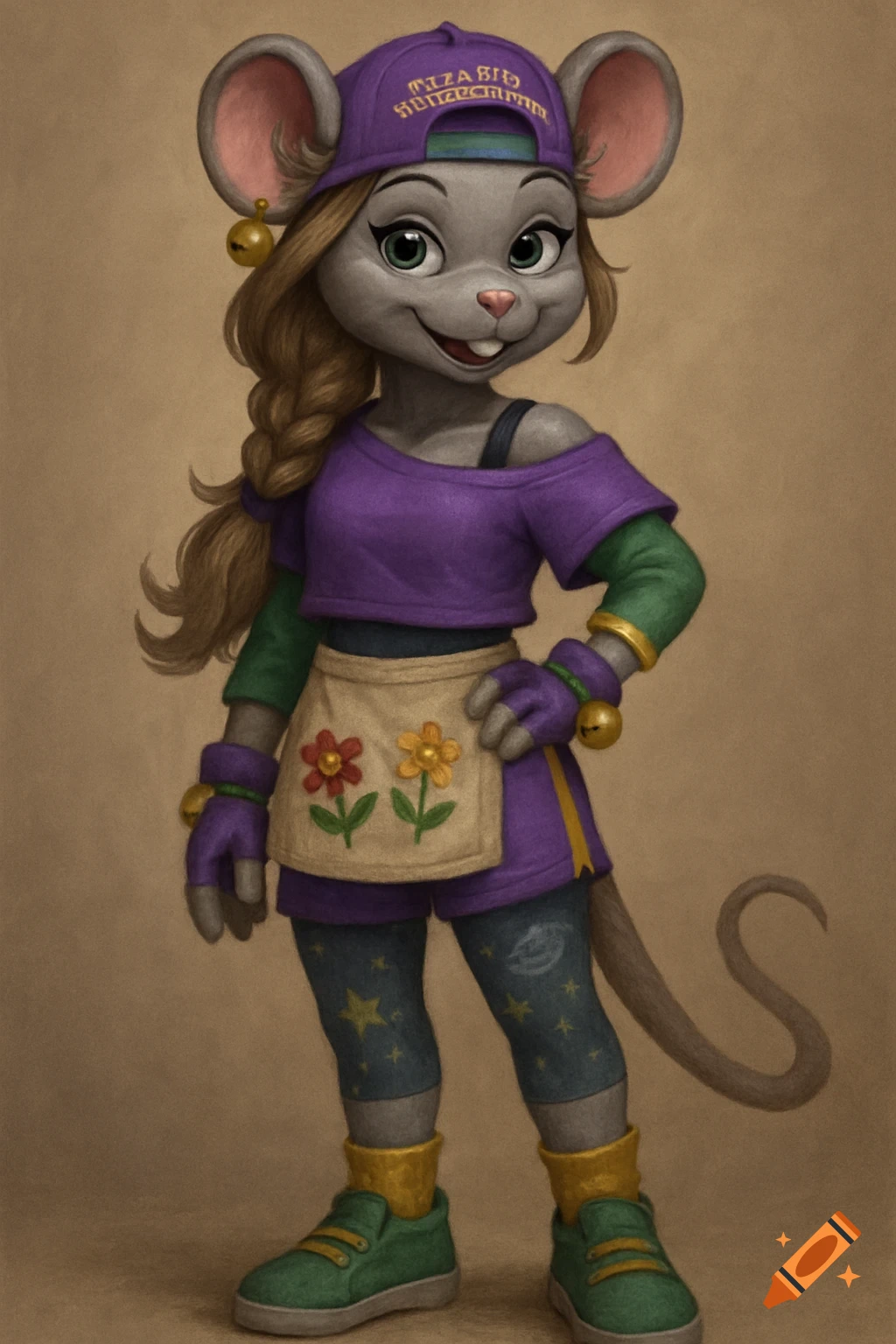 An anthropomorphic mouse character wearing a purple crop top, shorts, green leggings, and a backward purple hat, with braided hair and an apron with flowers.