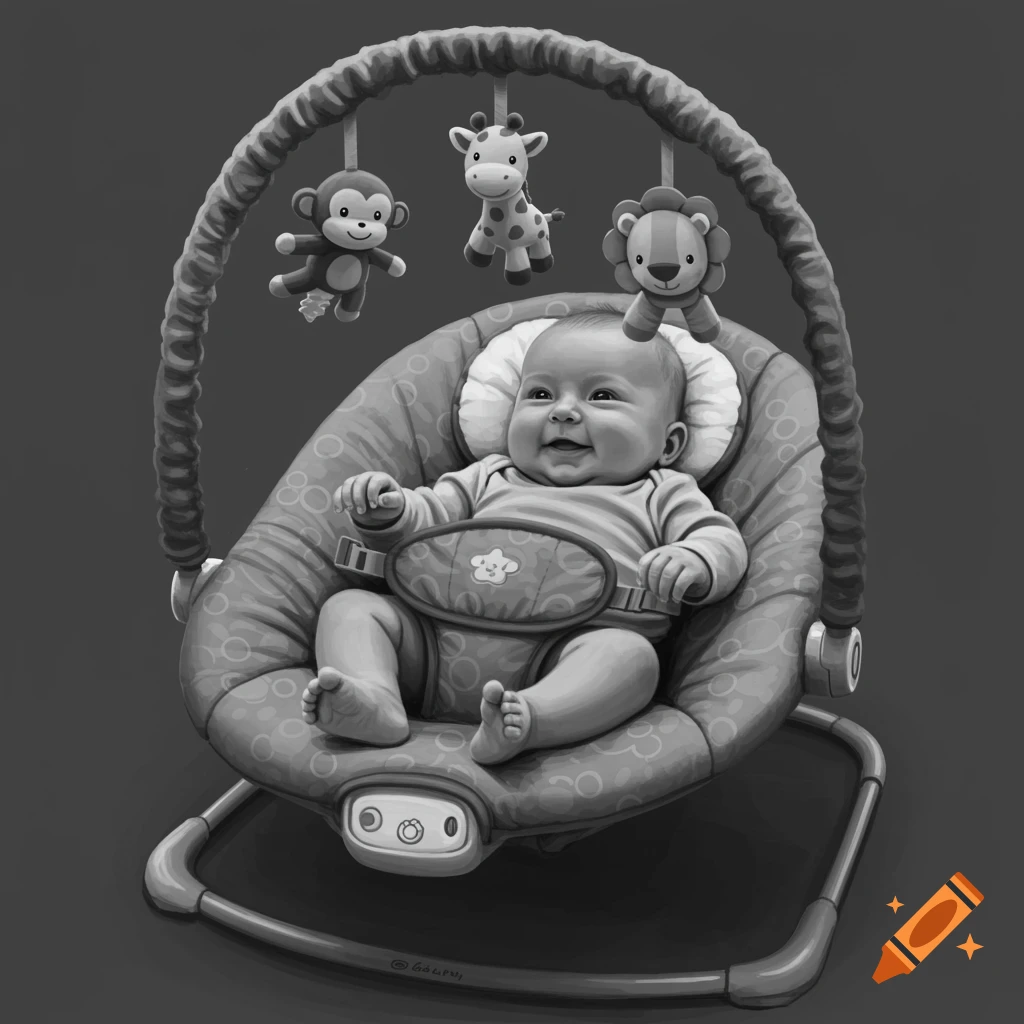 A smiling baby sits in a bouncer seat with hanging monkey, giraffe, and lion toys, in black and white.