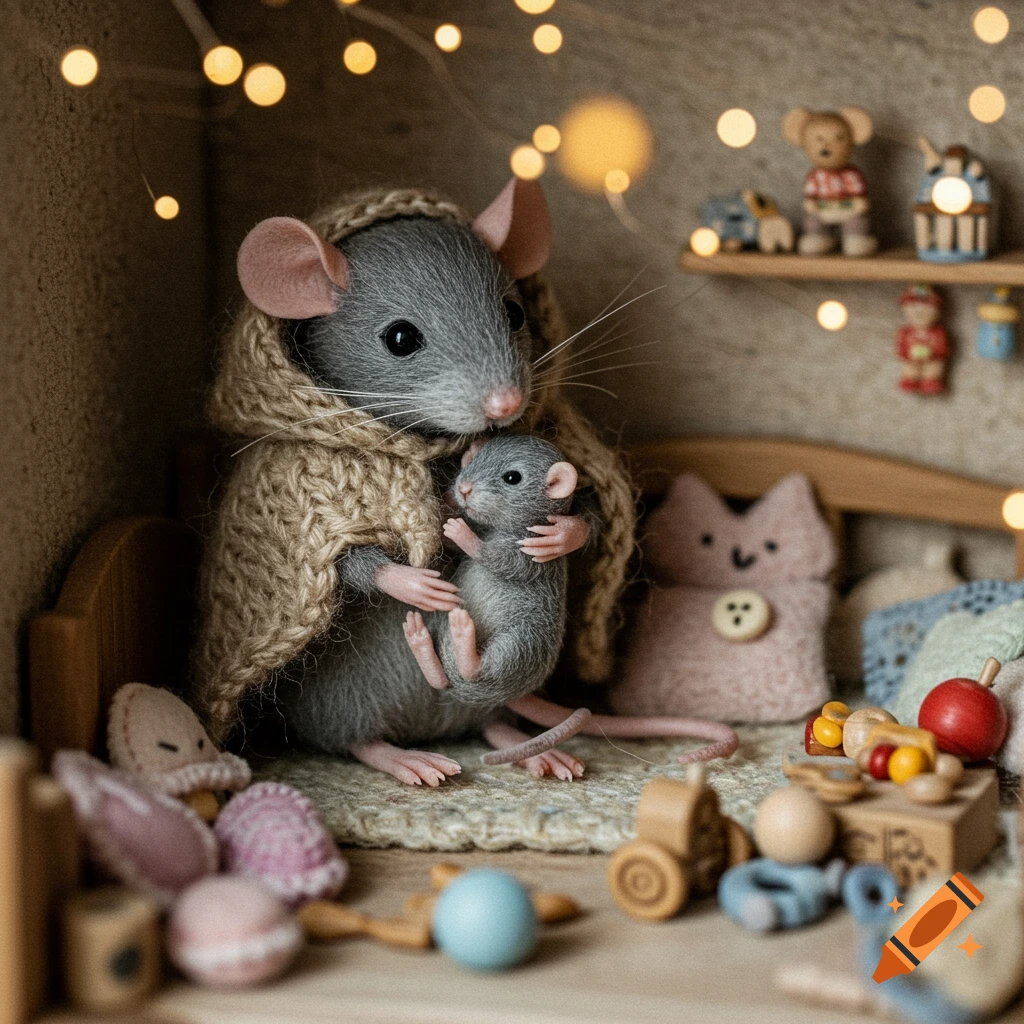 A mother gray mouse in a warm, woolen cloak gently cradles her tiny newborn pup in a cozy, miniature nursery filled with toys and warm lights.