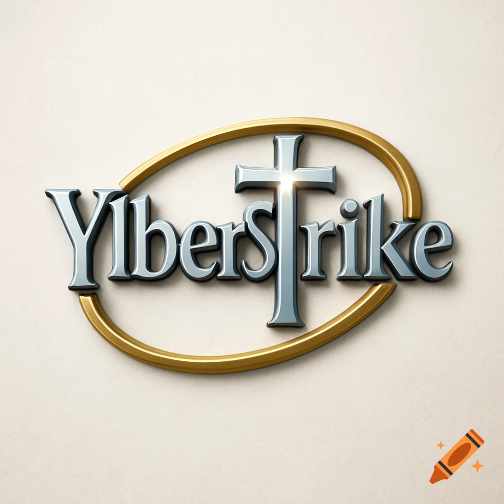 3D metallic logo for 'YlberStrike' band, with a cross-shaped 'T' inside a golden oval ring.