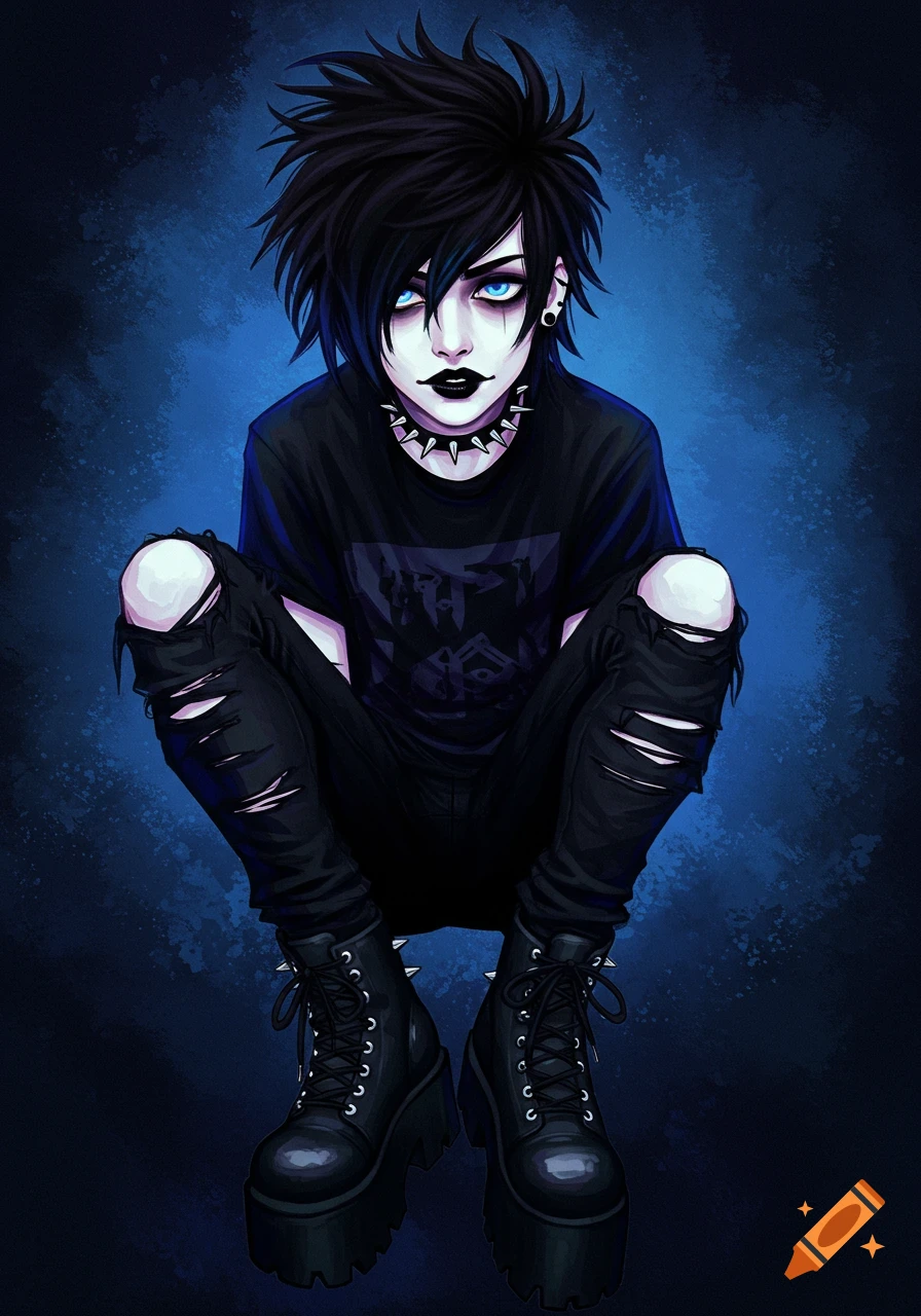 An anime illustration of an emo boy with messy black hair, pale skin, blue eyes, black lipstick, spiked choker, ripped jeans, and platform boots.