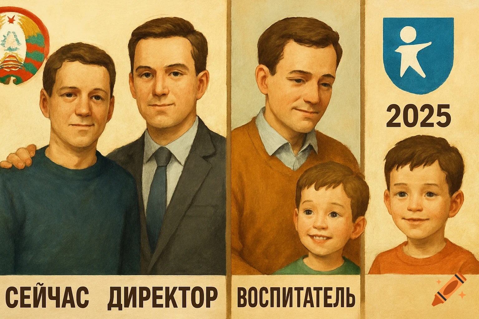 A stylized multi-panel image depicting a man aging through different roles from a young friend, to a director, to an educator with a child, and finally as a child himself, with dates and Cyrillic text indicating the roles and timeframes.