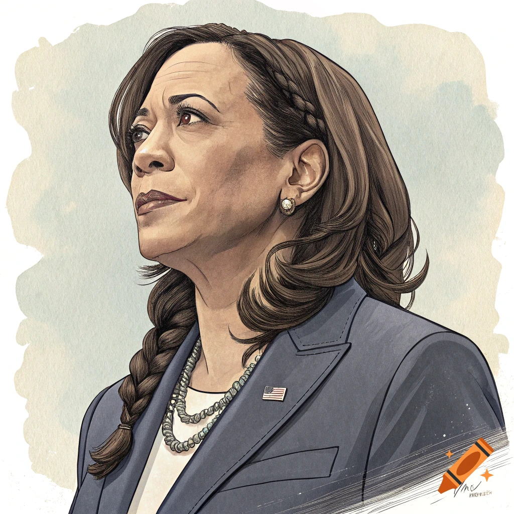 Watercolor illustration of Kamala Harris looking up and to the left, wearing a suit and necklace, with a braided hairstyle.
