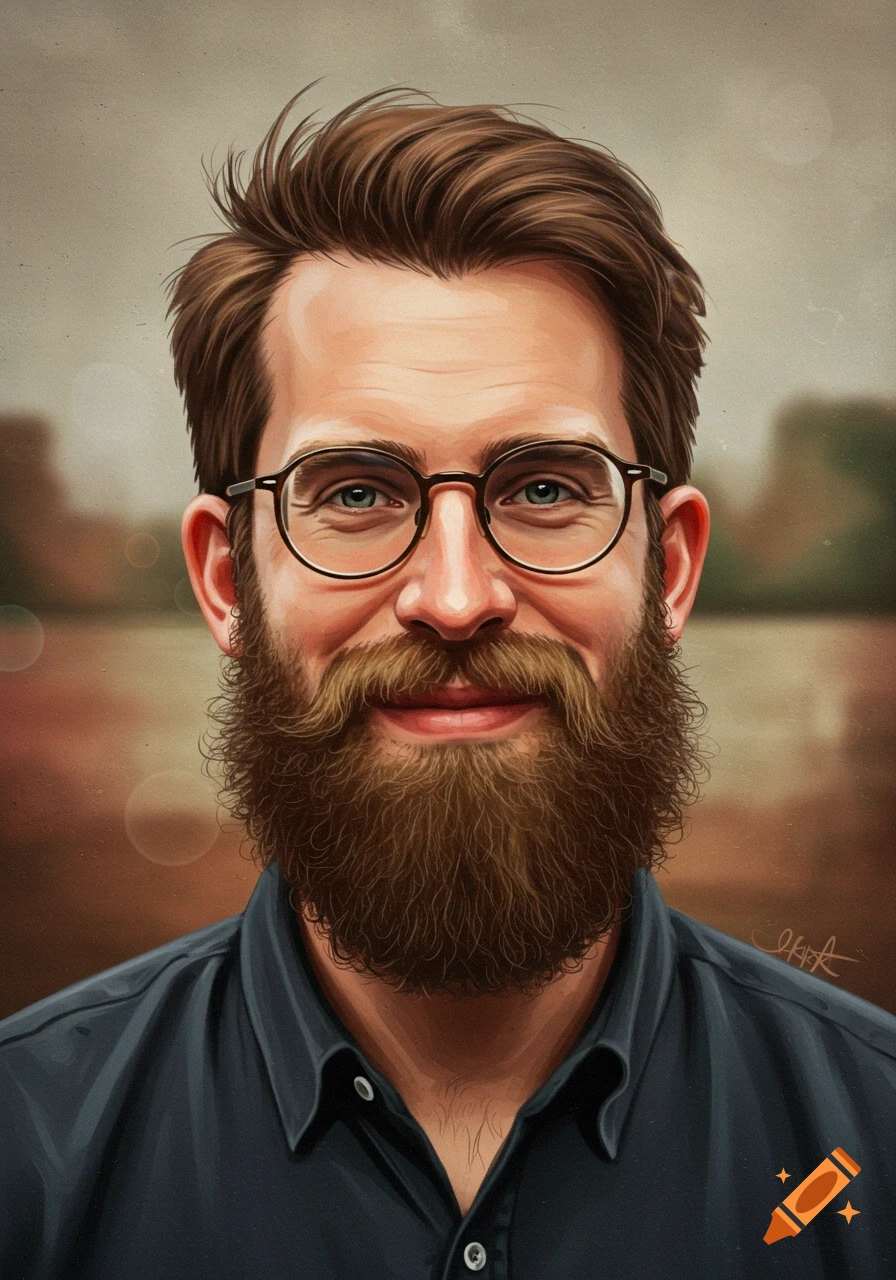 Digital painting portrait of a smiling man with a brown beard, short hair, and glasses.