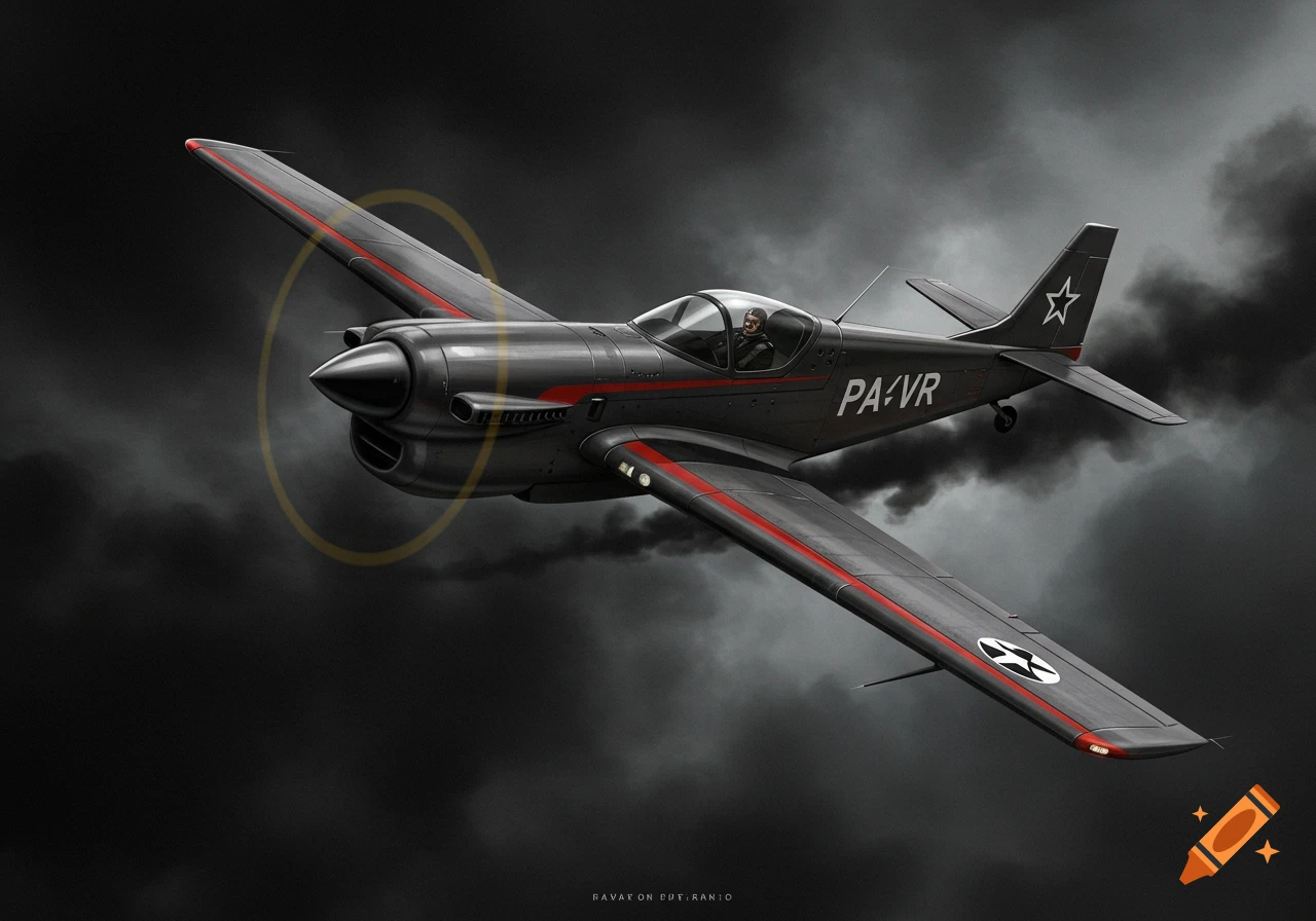 A dark gray propeller plane with red stripes flying through a stormy, cloudy sky. It has 'PA/VR' on its side.