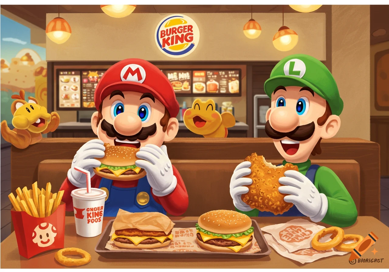 Mario and Luigi eat burgers and fries at a Burger King restaurant in a colorful cartoon style.