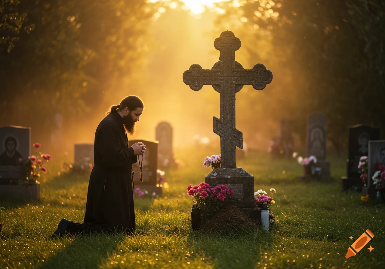 A bearded monk kneels and prays before a Slavic cross in a misty, golden-lit cemetery at sunrise.