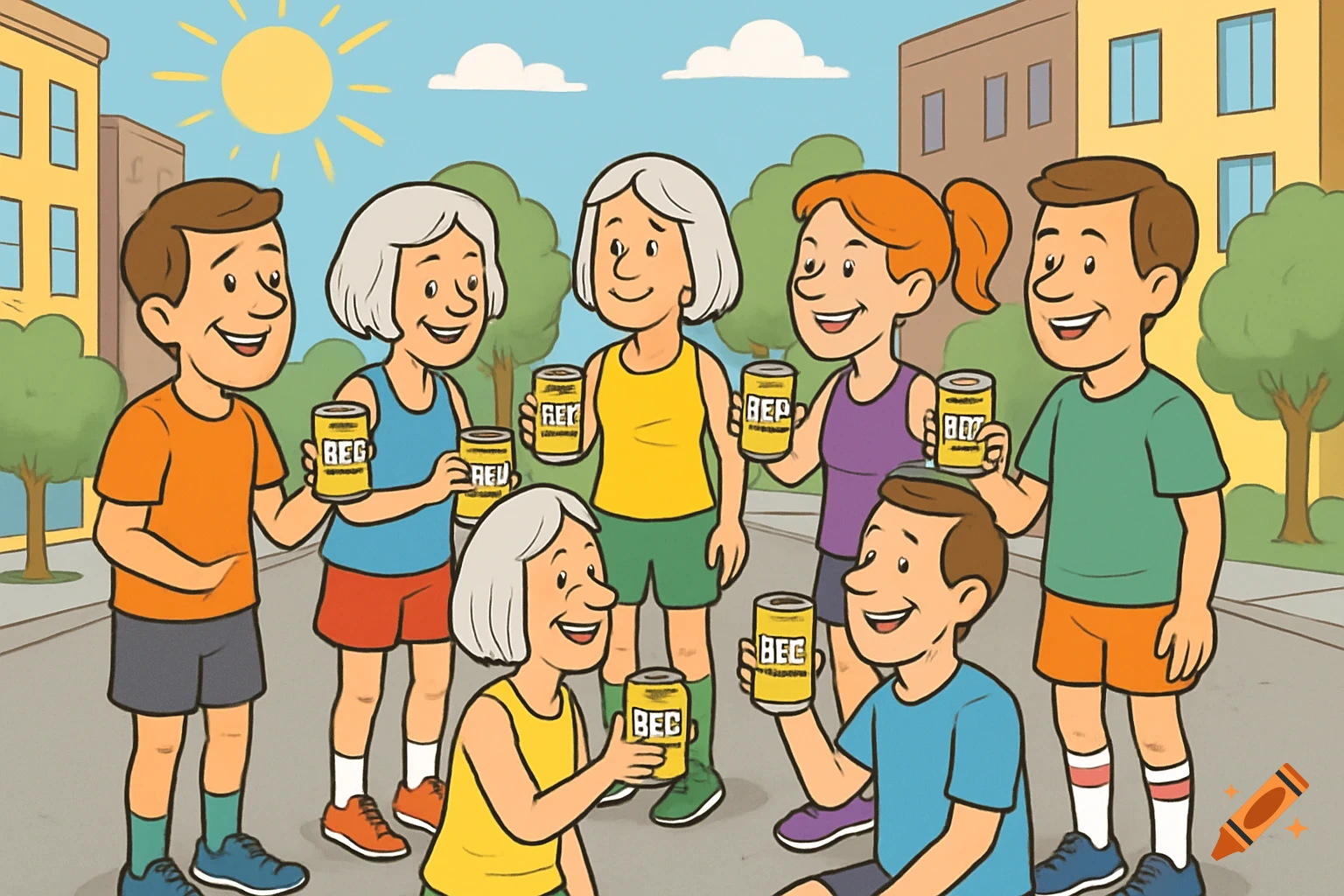 A cartoon of seven people in colorful running clothes holding canned drinks on a sunny city street.