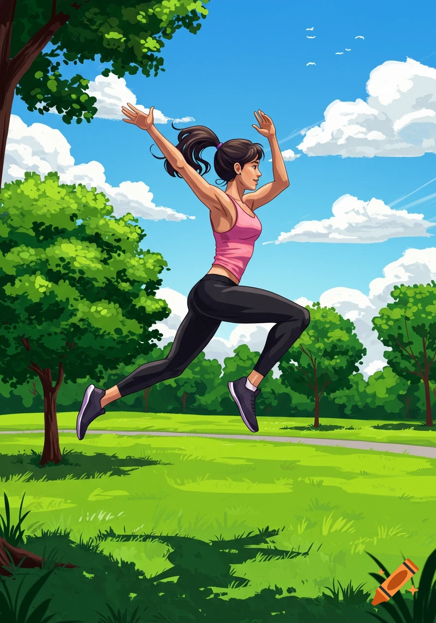 A cartoon illustration of a woman in sportswear jumping or running in a green park under a blue sky.