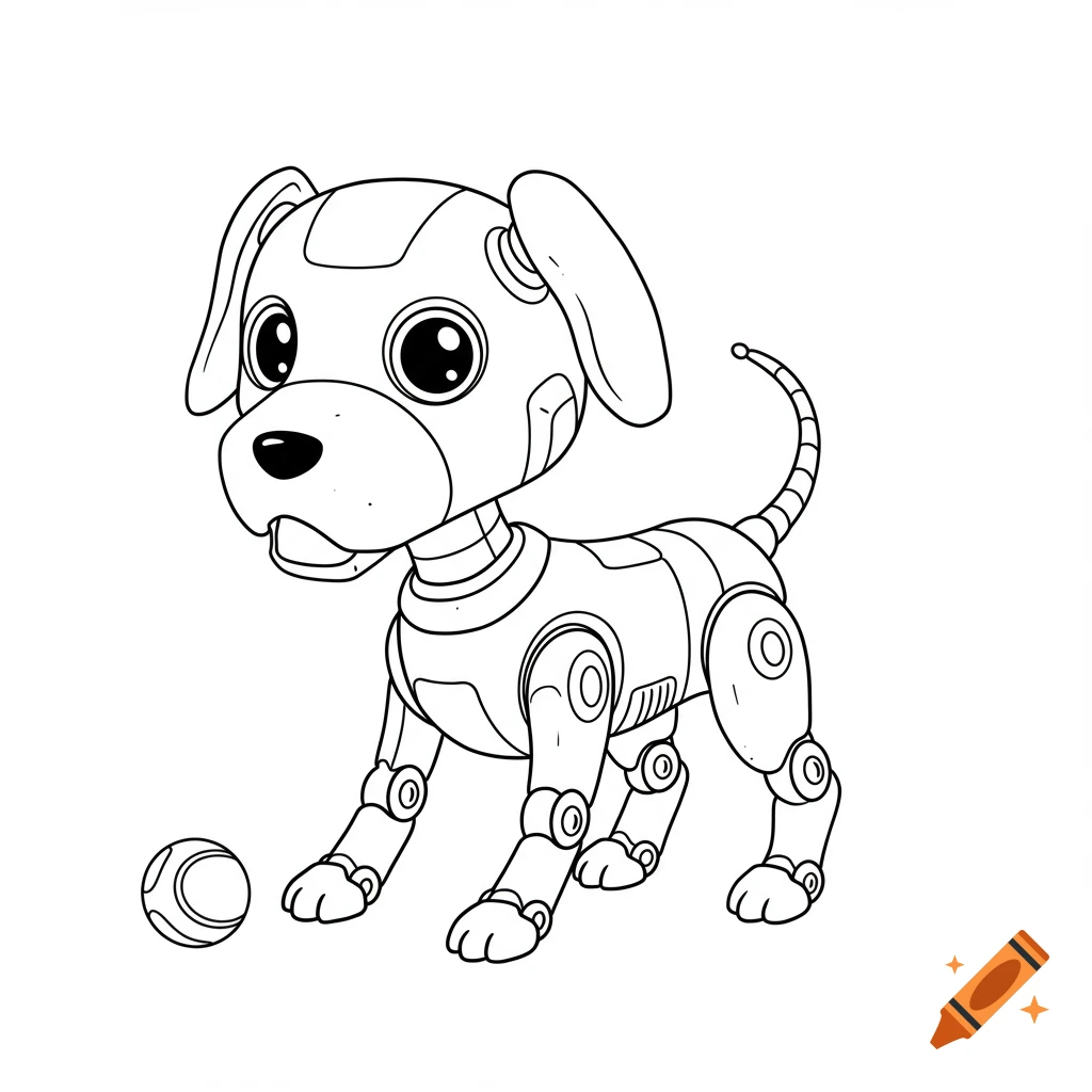 Black and white line art of a cute robot dog looking at a ball, in a coloring book style.