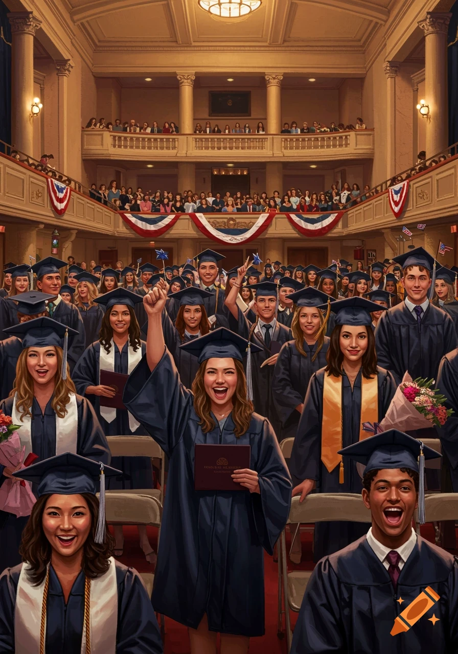 A large group of excited graduates in caps and gowns celebrate a high school graduation ceremony in a grand hall with many spectators.