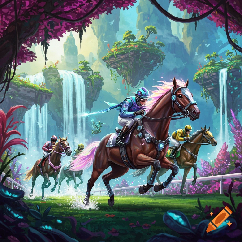 Jockeys race horses through a vibrant fantasy world with floating islands, waterfalls, and luminous foliage.
