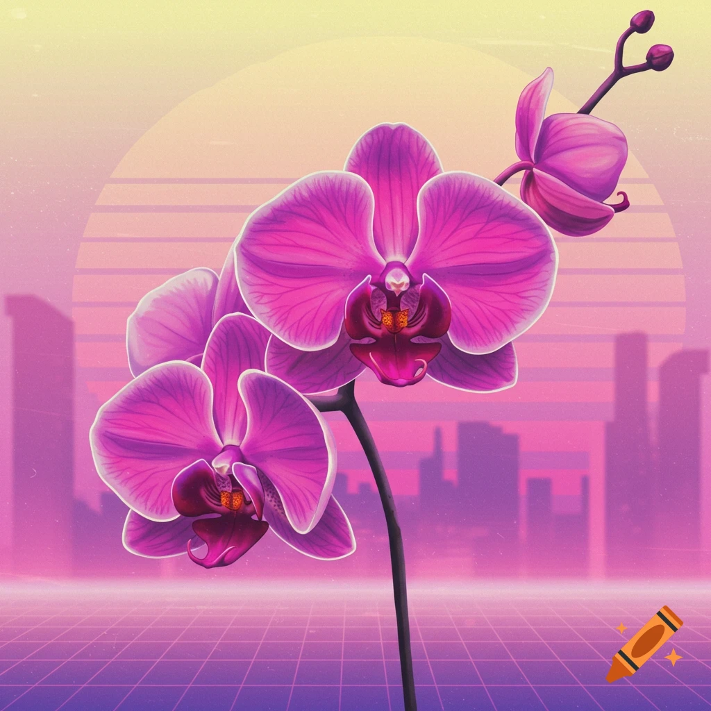 Vibrant pink orchids against a retro vaporwave cityscape with a grid floor and gradient sunset.