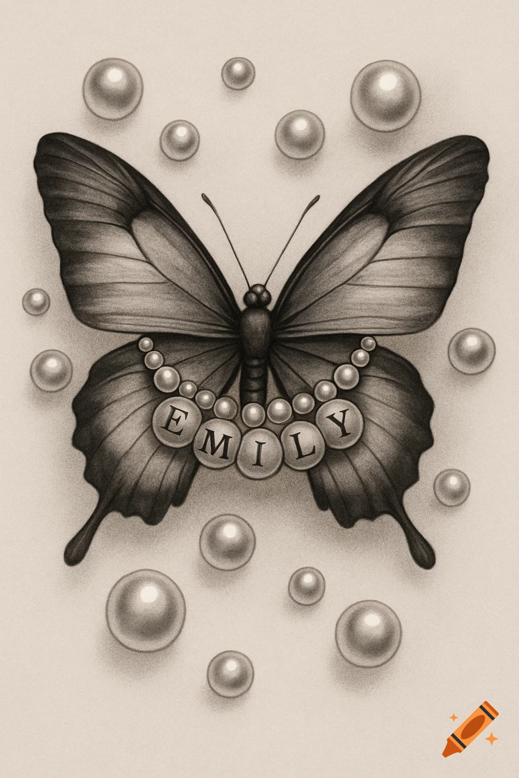 Grayscale pencil drawing of a butterfly with a pearl necklace spelling EMILY, surrounded by floating pearls.