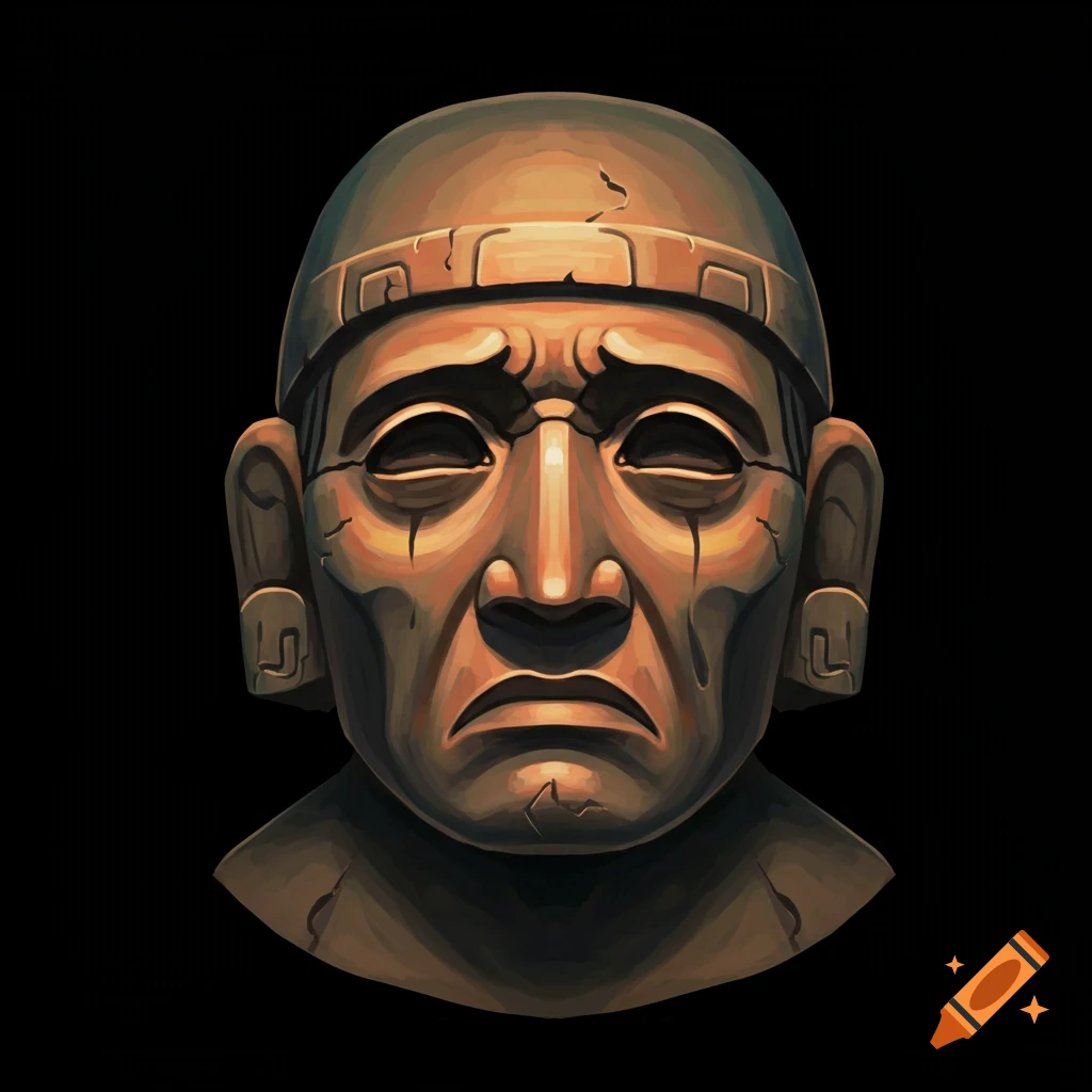 A somber, weathered ancient stone head, possibly a Chimu or Cabeza Clava artifact, with a melancholic expression.