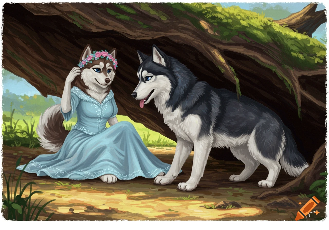 A fluffy brown and white husky in a light blue gown sits under a tree, while a black and white husky stands beside her.