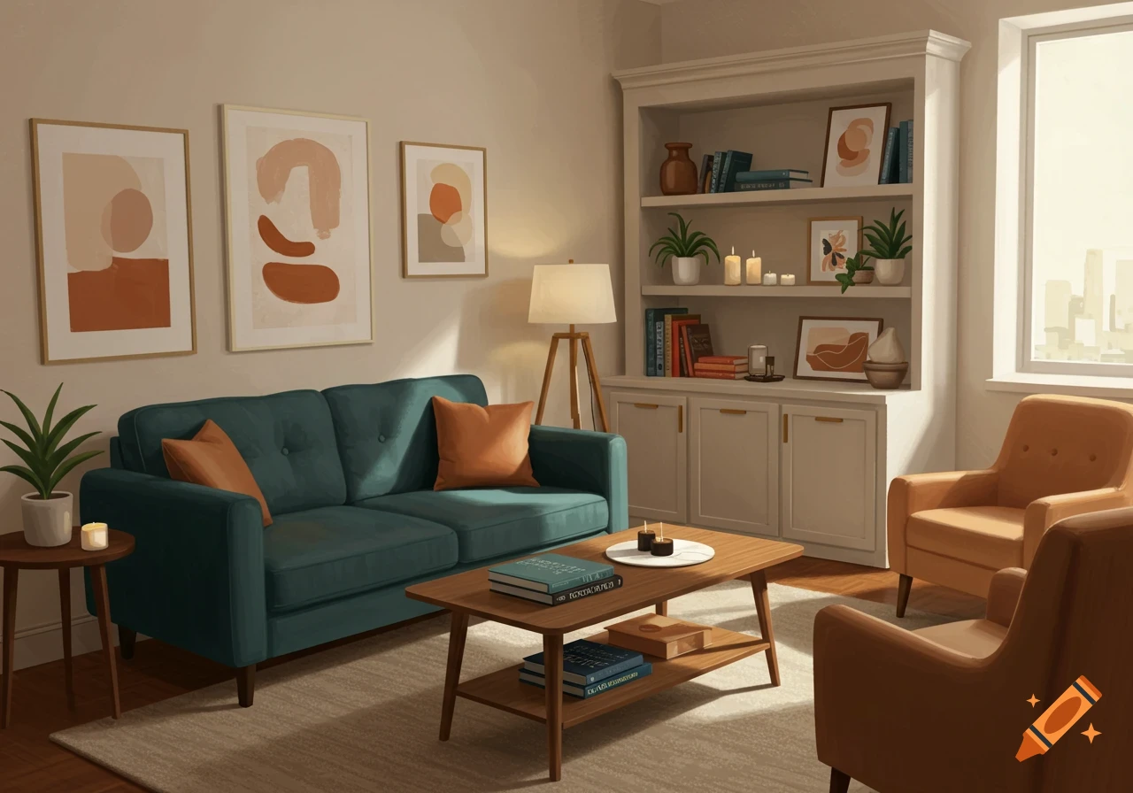 A cozy, warm-toned living room or office with a teal sofa, orange accent chairs, a wooden coffee table, and a bookshelf, illuminated by natural light and a lamp.