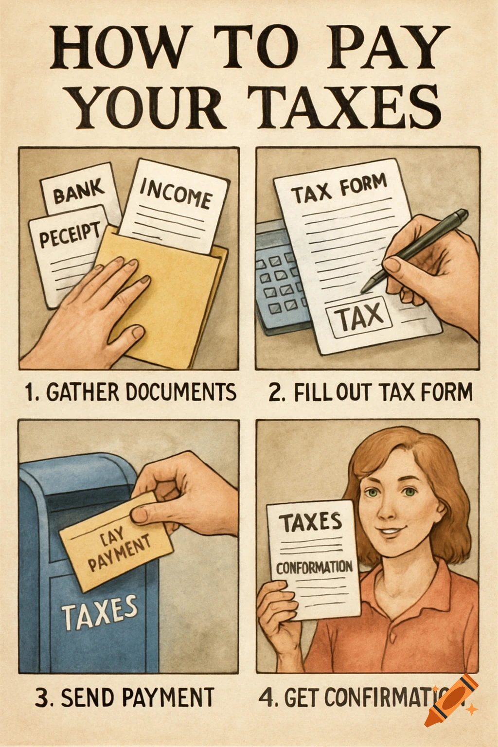A four-panel instructional illustration shows the steps to pay taxes: gathering documents, filling out forms, sending payment, and getting confirmation.