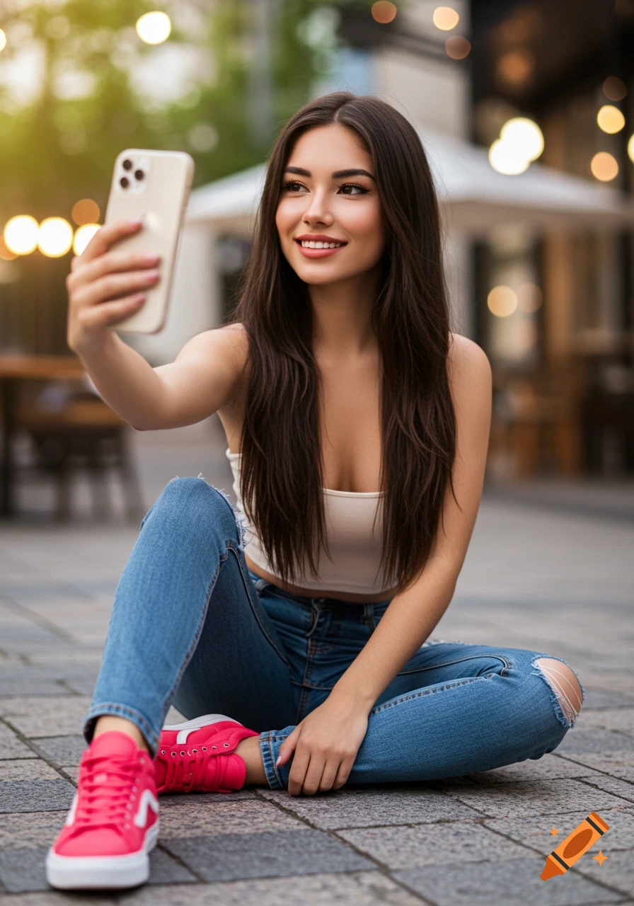 A young woman sitting on a sidewalk, smiling while taking a selfie with her phone in a city setting.