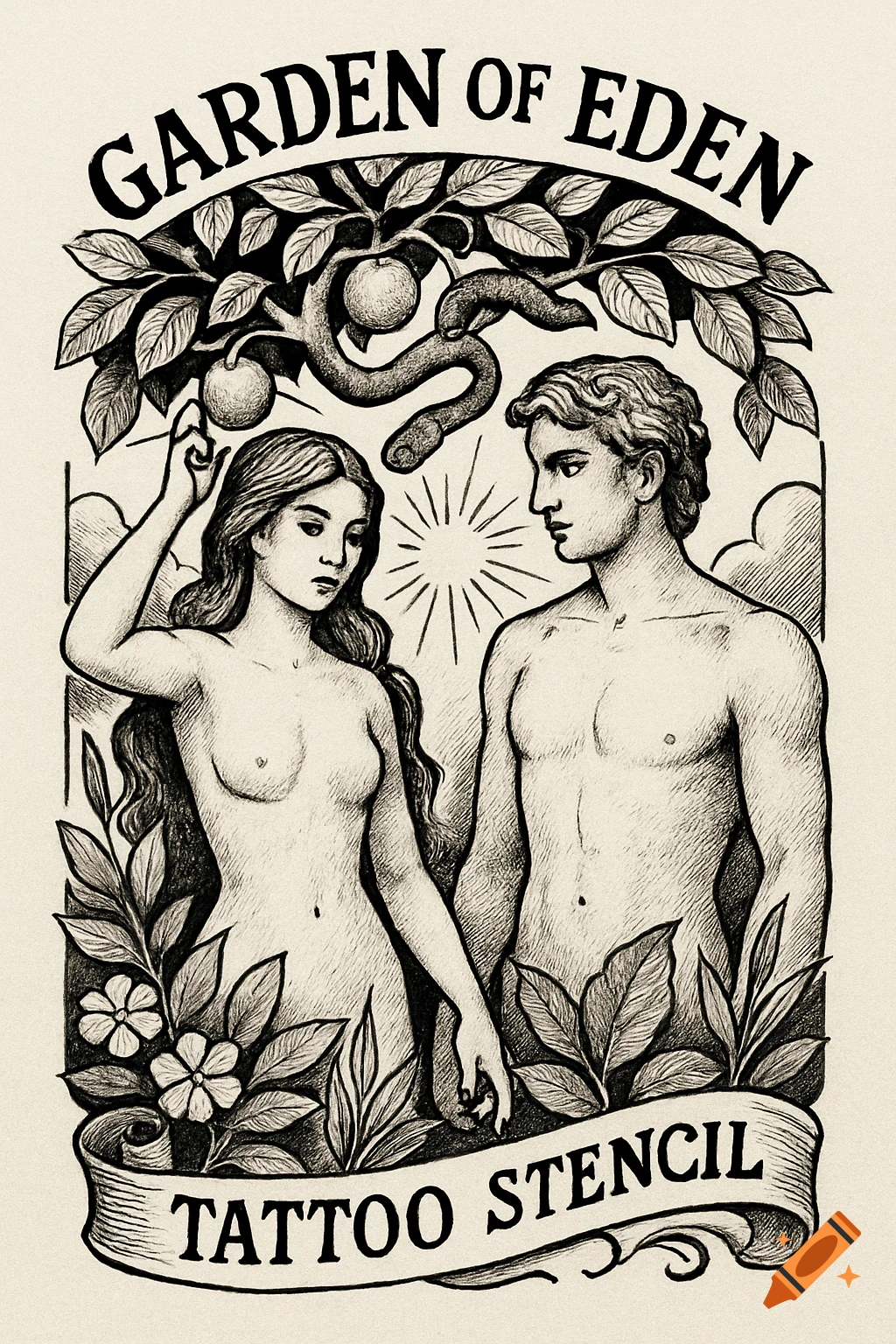 Black and white line art tattoo stencil of Adam and Eve, a snake, and an apple, with 'GARDEN OF EDEN' and 'TATTOO STENCIL' text.