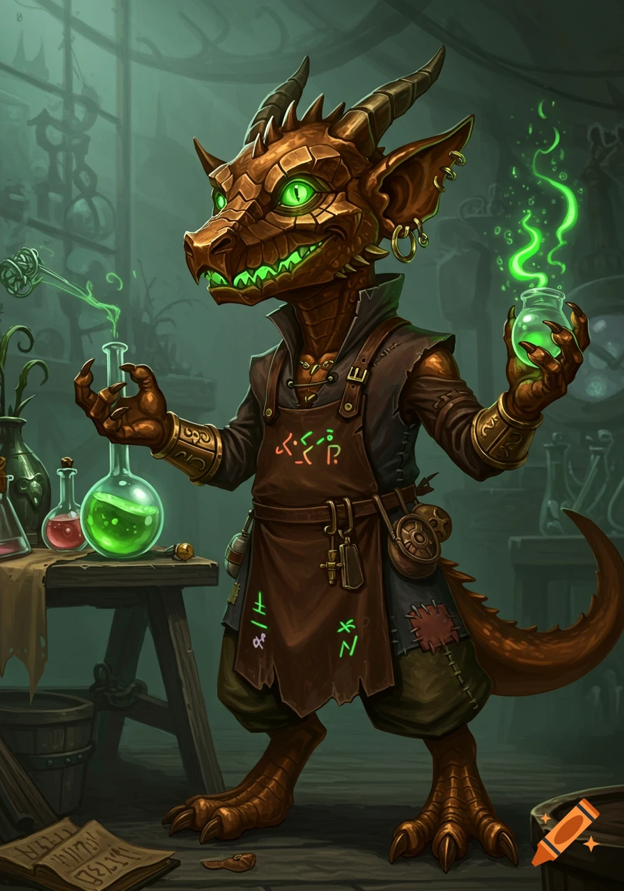 A bronze-scaled kobold alchemist with glowing green eyes and mouth, holding a bubbling green potion, stands in a dim, cluttered lab filled with beakers and flasks.