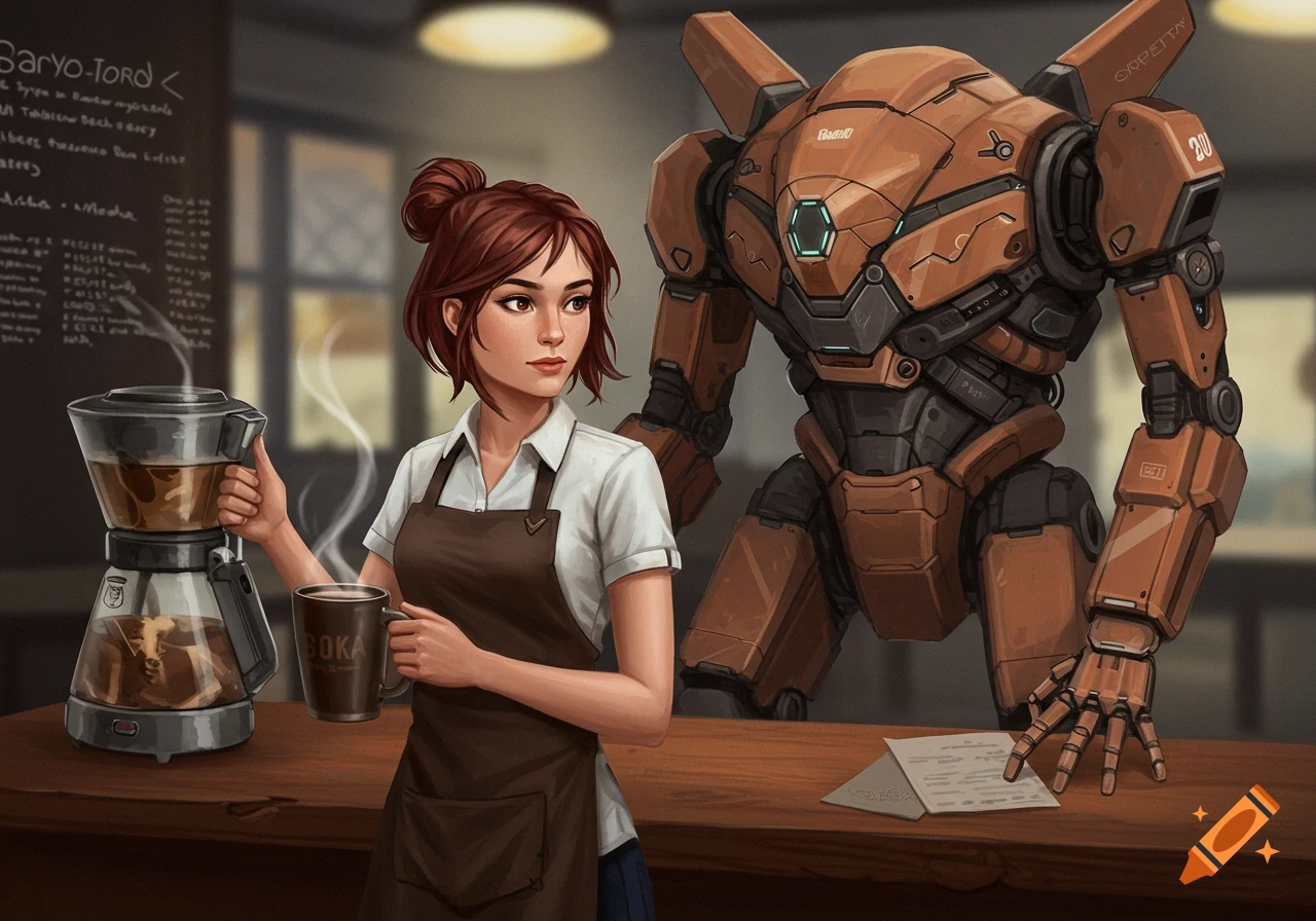 A female barista stands at a wooden counter next to a coffee machine, holding a mug. A large, brown and orange futuristic mech stands behind her.
