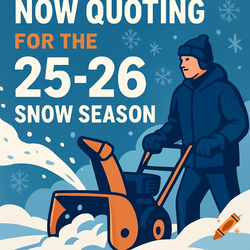 An illustrated ad shows a person using a snowblower in winter with text 'NOW QUOTING FOR THE 25-26 SNOW SEASON'.