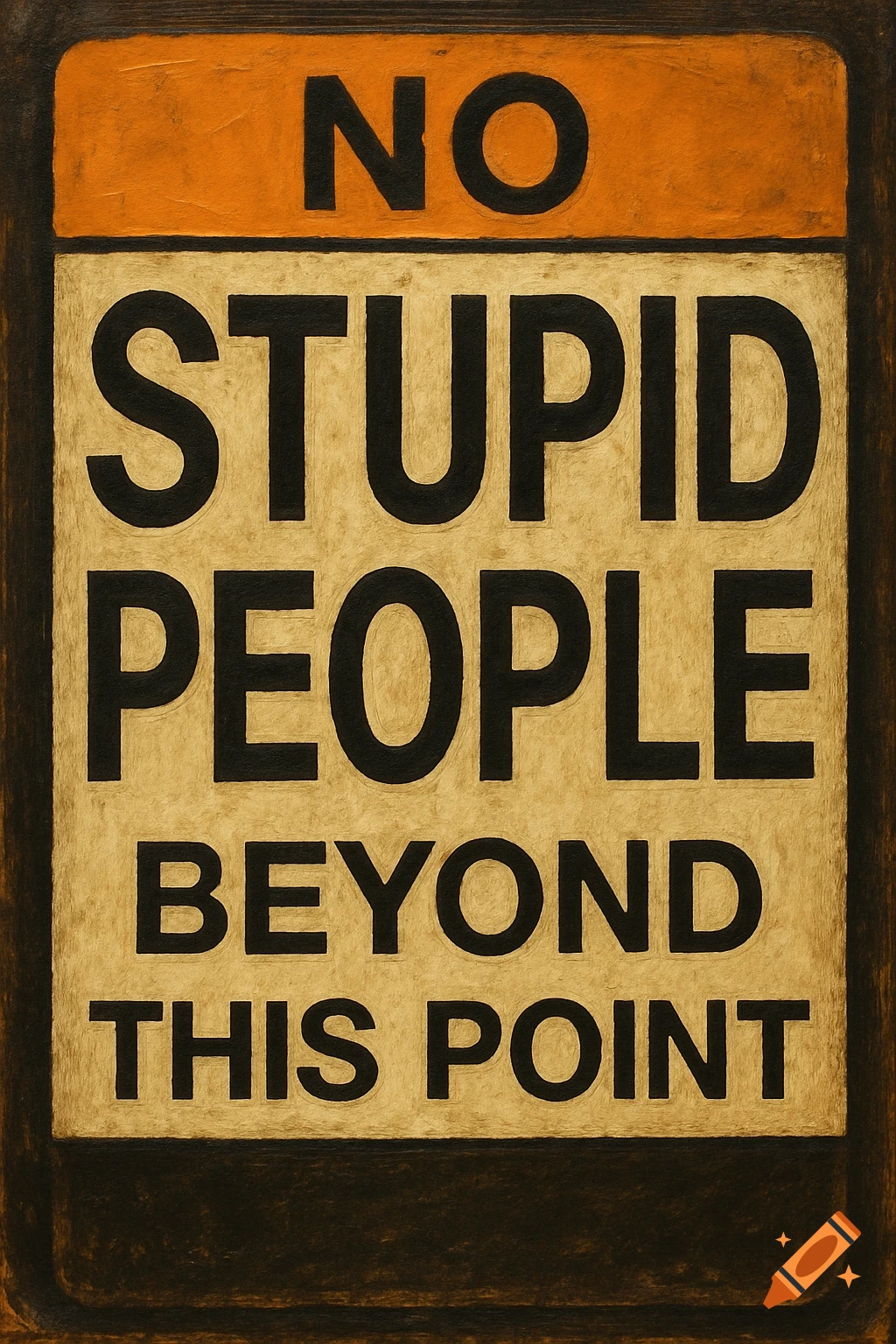 A rustic-looking warning sign with the black text 'NO STUPID PEOPLE BEYOND THIS POINT' on an orange and beige background.