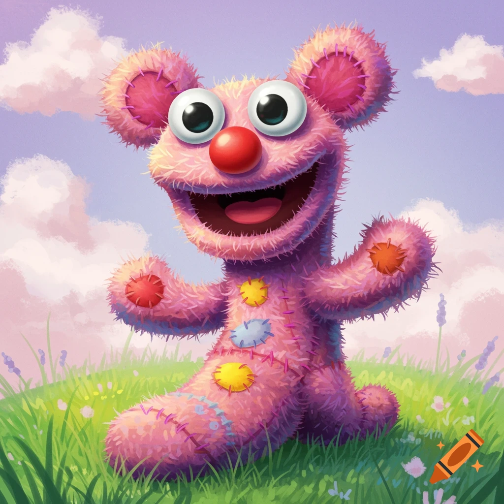 A happy pink fluffy sock puppet creature with googly eyes and a red nose sits in a vibrant green field under a cloudy sky.