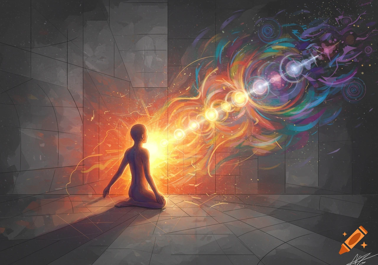 A glowing figure sits in a gray room, emanating vibrant, colorful light and abstract forms.