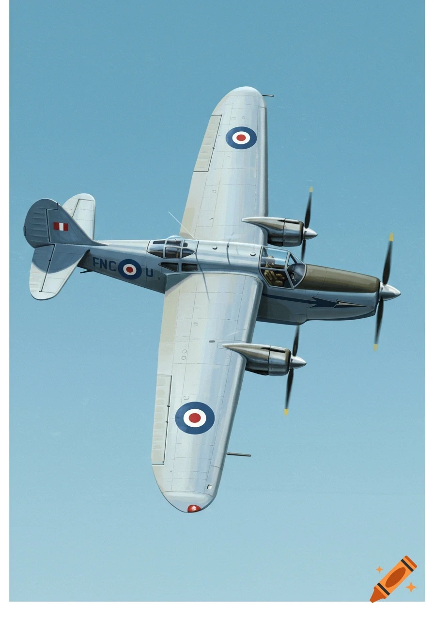 An overhead illustration of a silver twin-engine propeller aircraft with RAF roundels and tail markings flying in a clear blue sky.