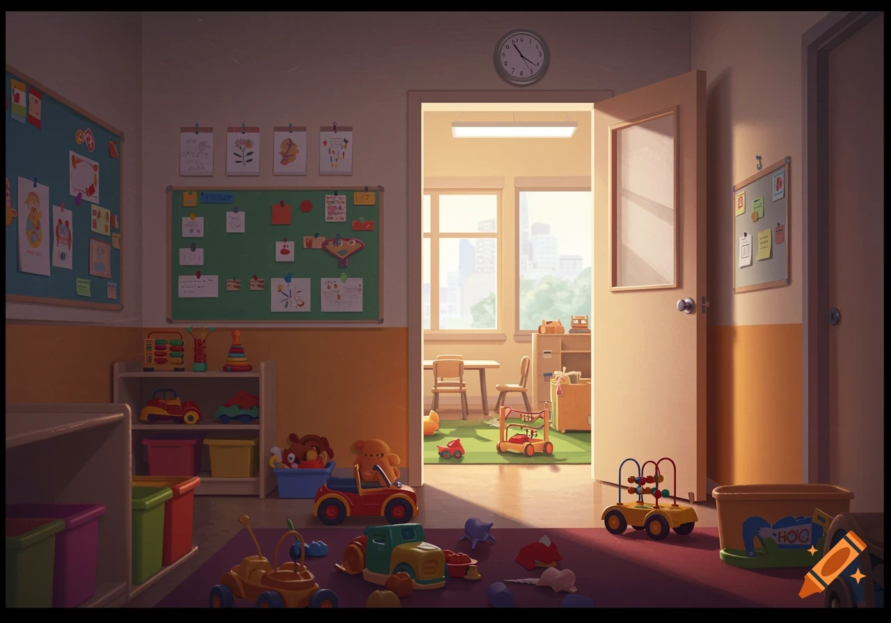 An illustration of a colorful daycare classroom filled with toys, with an open door leading to another bright room with windows.