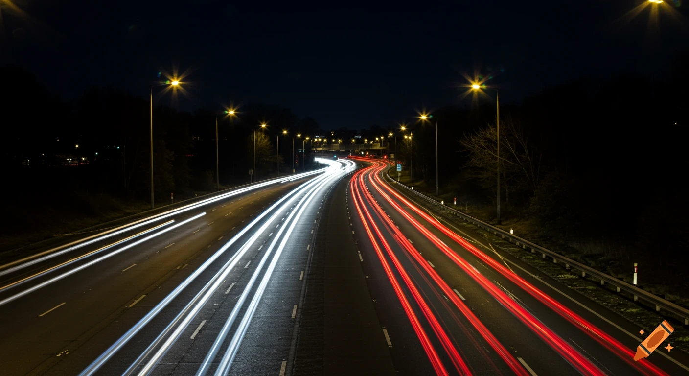Long exposure shot of a highway at night with white headlights and red taillights forming light trails. Bright streetlights illuminate the scene.