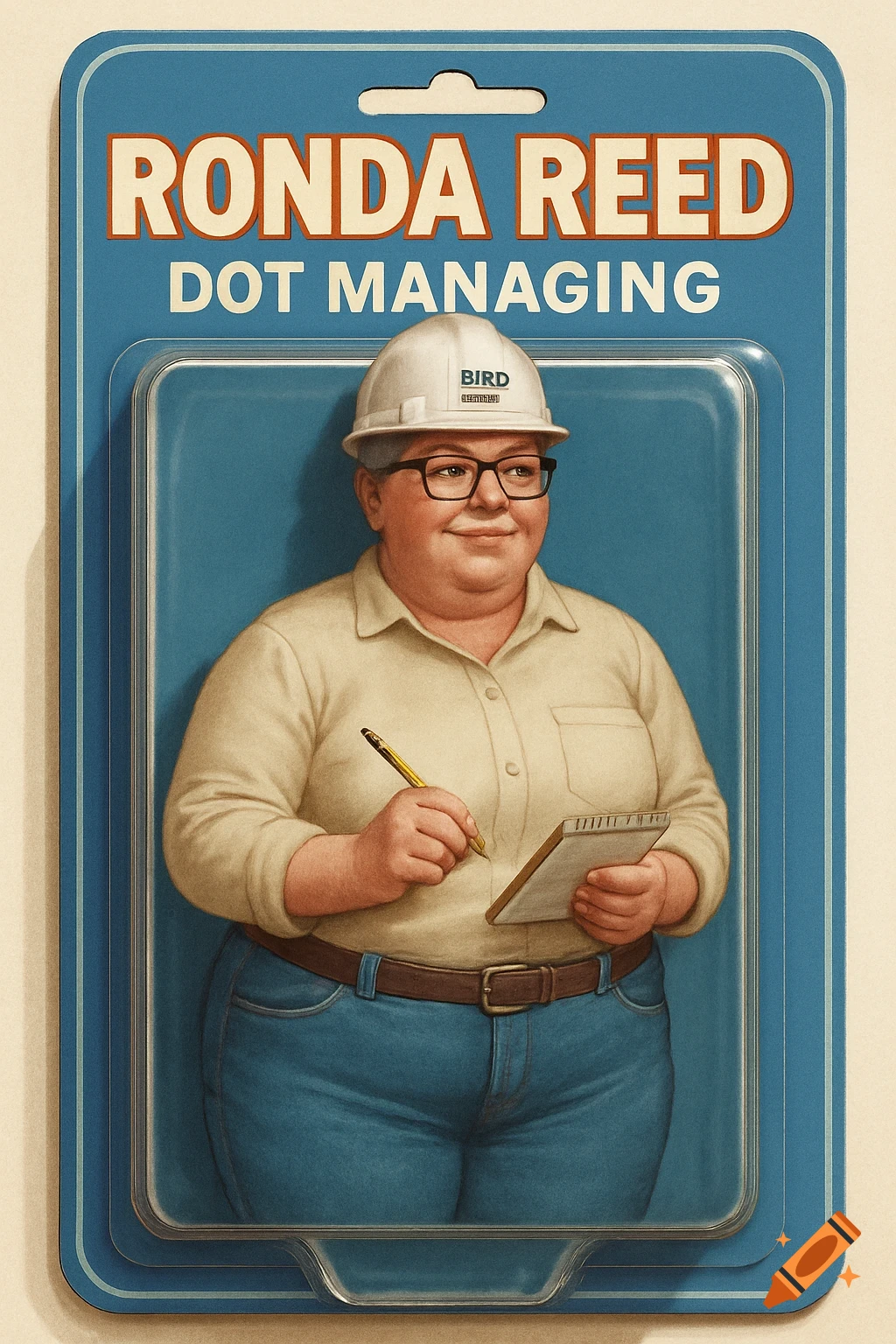 An action figure of a woman named Ronda Reed in a toy box, wearing a hard hat labeled 'Bird Electric', holding a notepad and pencil.