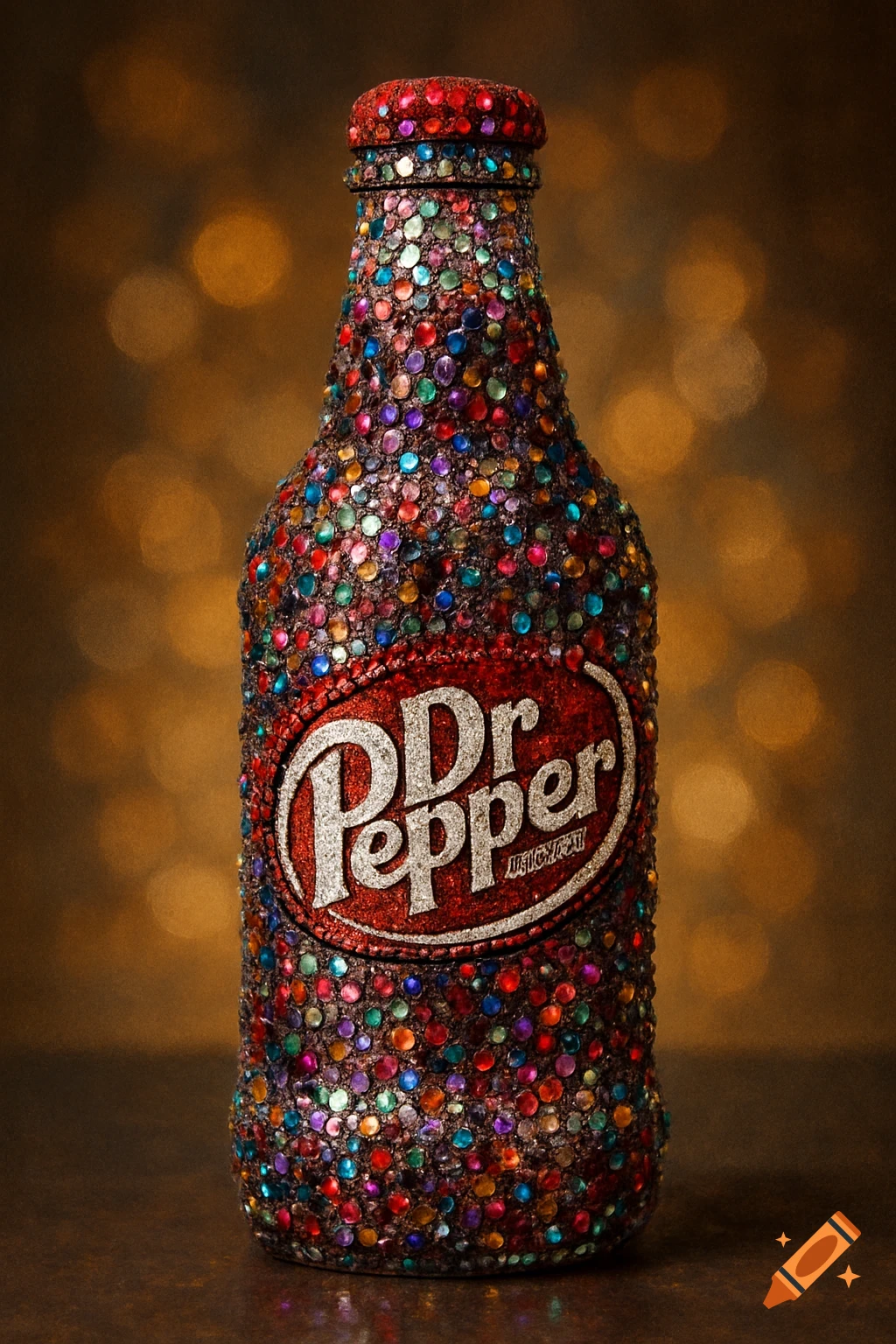 A Dr. Pepper bottle covered in colorful, sparkling rhinestones stands against a warm, blurry bokeh background.