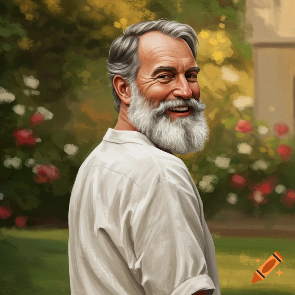 A smiling man with a grey beard and white shirt looks over his shoulder in a lush garden setting.