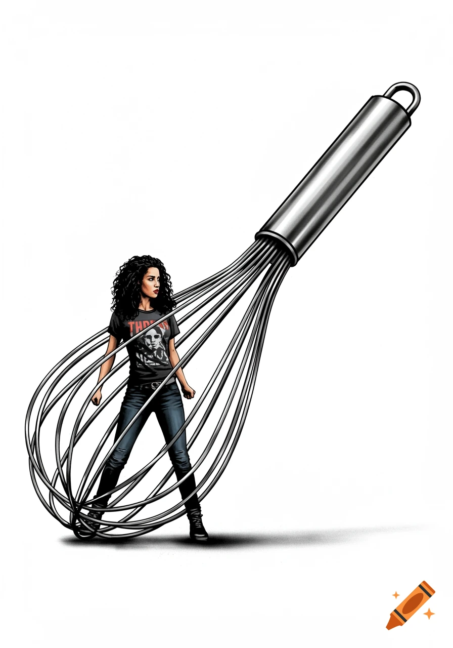 A woman with curly hair stands inside a large metal whisk, rendered in a graphic, Banksy-like art style.