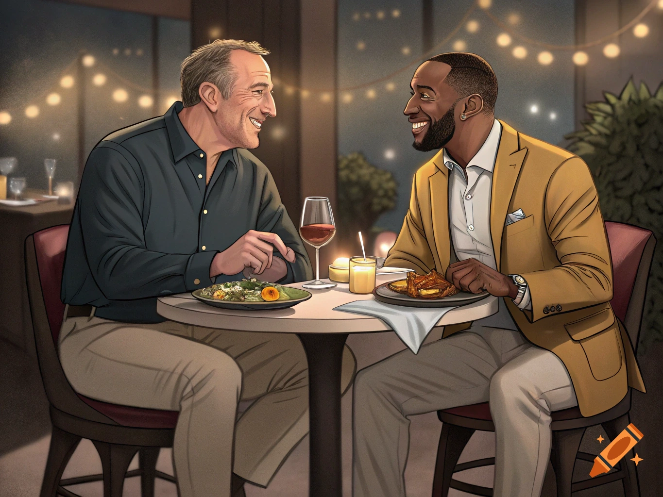 Two men smiling and talking across a table during a candlelit dinner date in a restaurant, in an illustrative style.