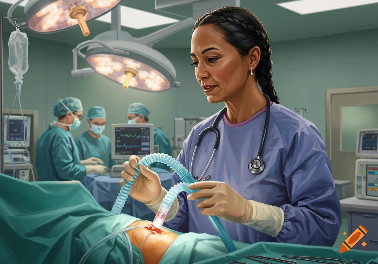 Anesthesiologist intubating a patient during surgery in an operating room, surrounded by medical staff.